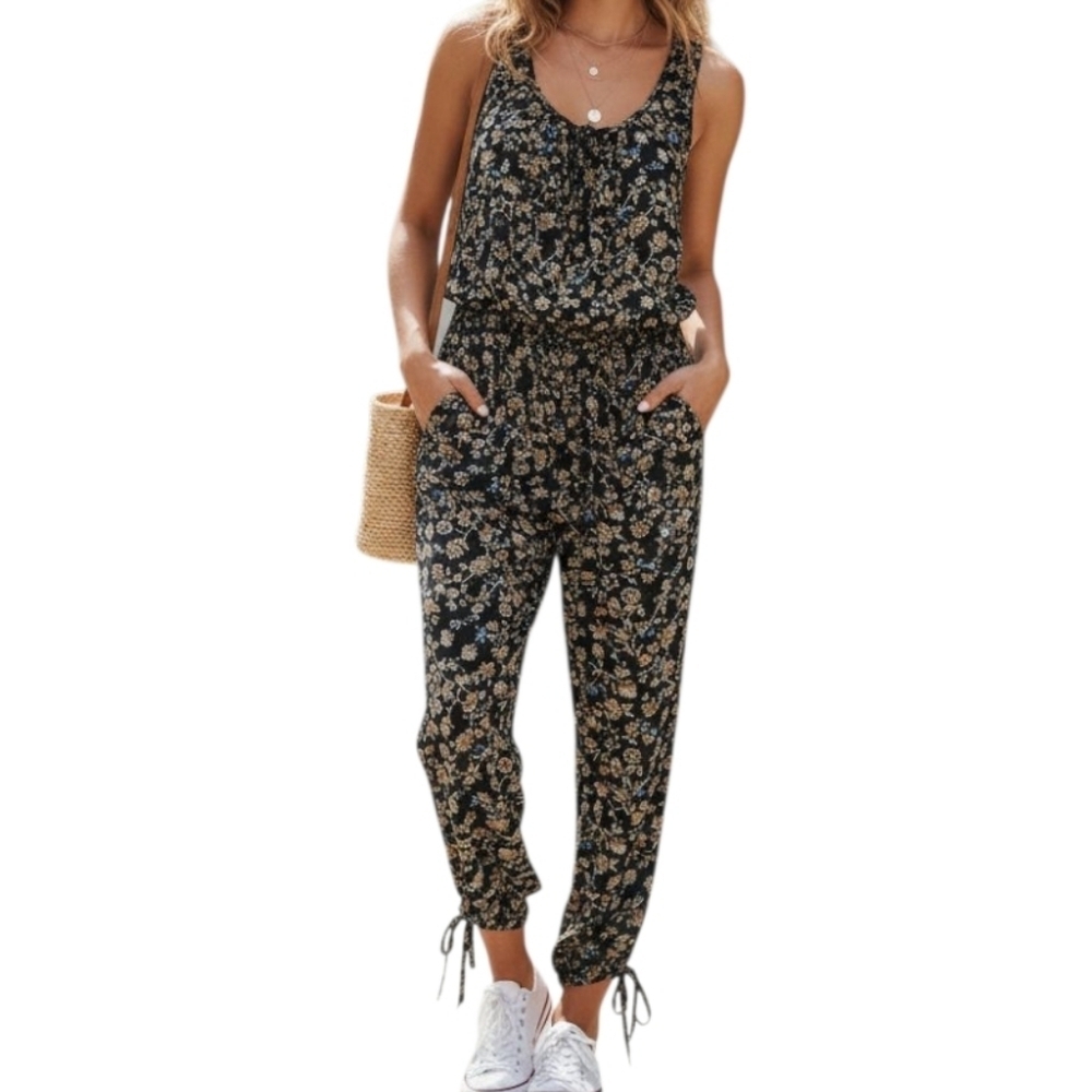 Free People Vintage Era Floral Print Jumpsuit Black Multi Small